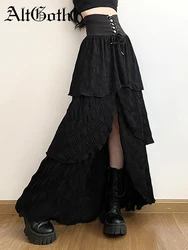 AltGoth Emo Alternative Gothic Cake Skirt Women Streetwear Harajuku High Waist Lace-up Corset Midi Skirt Y2k Cyber Punk Clubwear