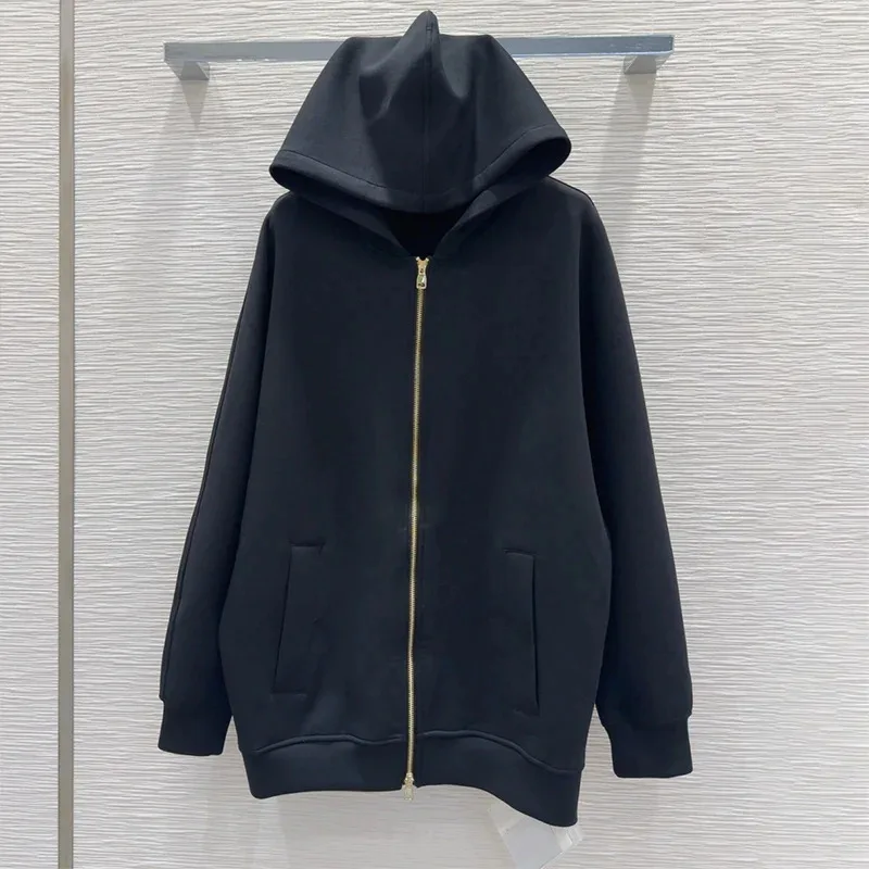 

High quality women's Winter Minimalist Zipper Hooded Sweatshirt coat With Plush Loose Pleated Sleeve Jacket Top 2580736