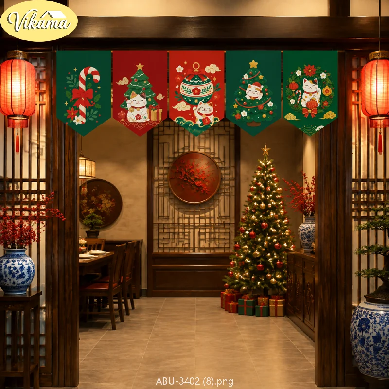 VIKAMA Chinese-Style Christmas Hanging Pennants, Maneki-neko Christmas Tree Banners, Festive Wall and Door Frame Home Decor