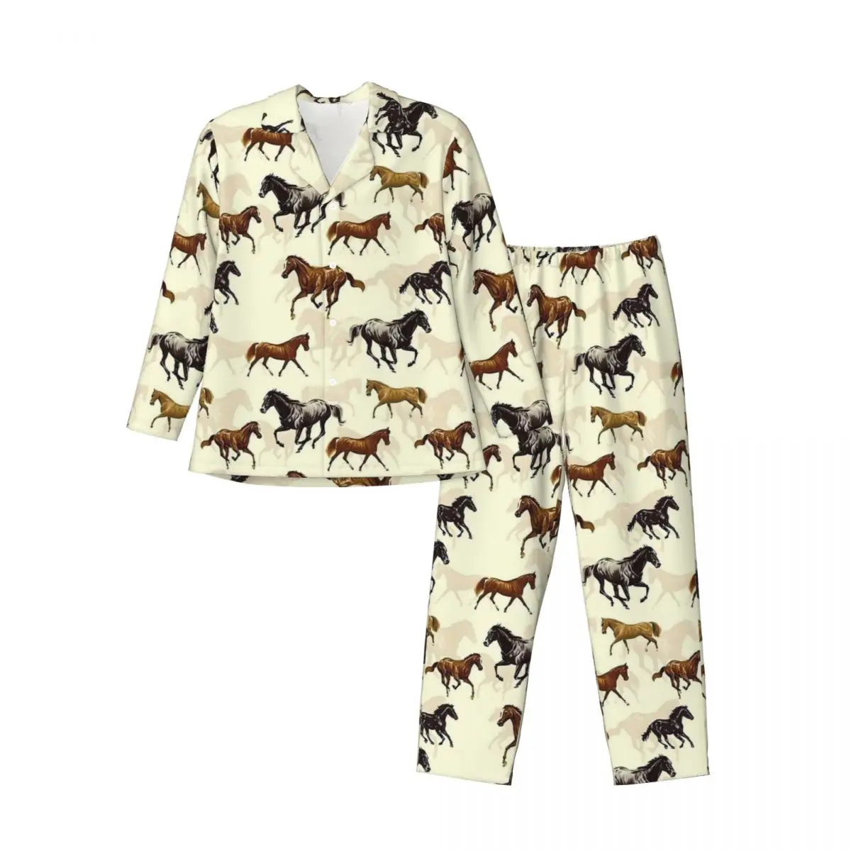 Pijamas homem cavalo pintura noite pijamas animal impressão 2 peças conjuntos de pijama casual mangas compridas quente oversized casa terno