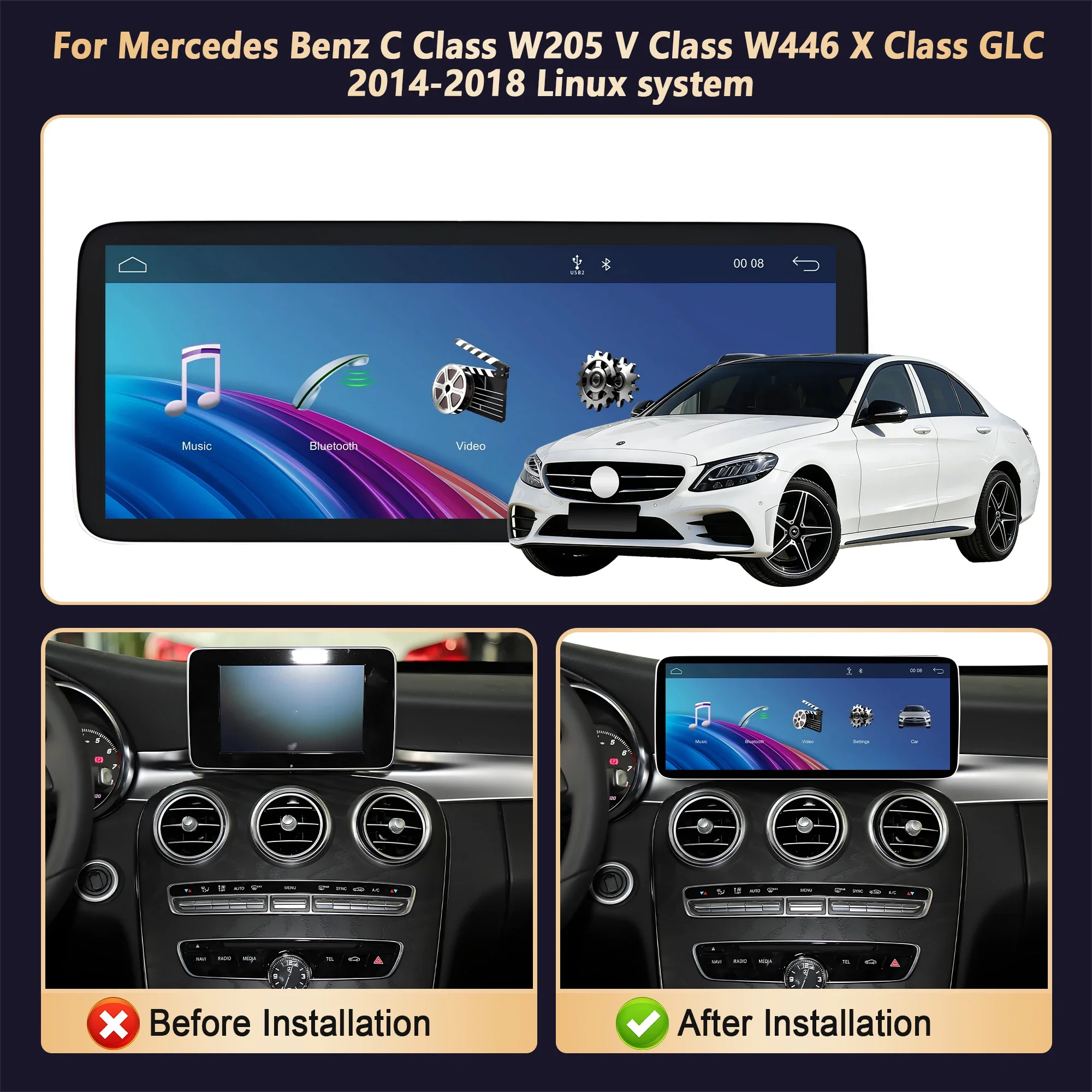 Linux Multimedia Screen  For Mercedes Benz C Class W205 V Class W446 X Class GLC 2014-2018 Car Radio Wireless Bluetooth Carplay