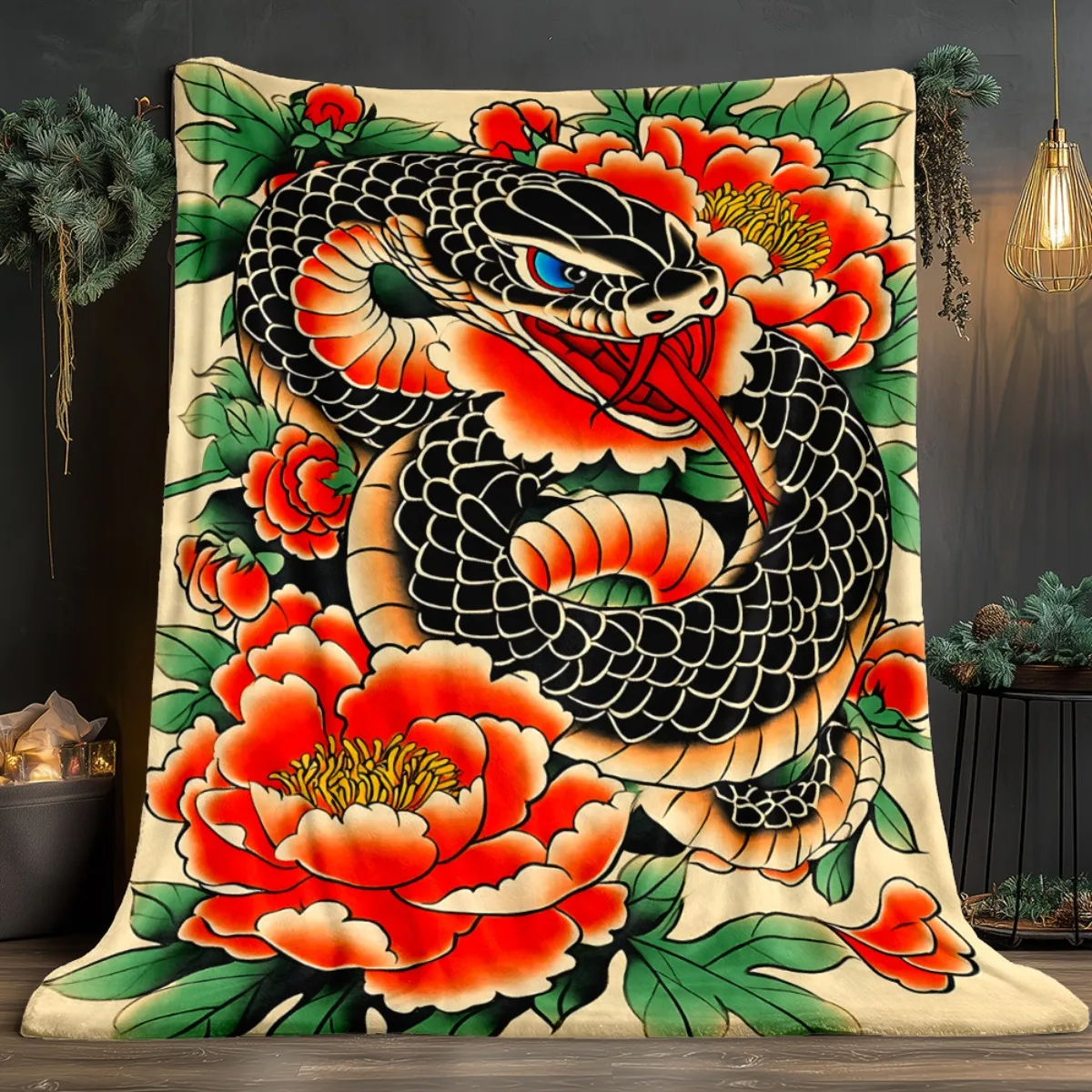 Japanese Snake Peony Tattoo Art Flannel Blanket Oriental Dragon Style Soft Fleece Throw Blanket