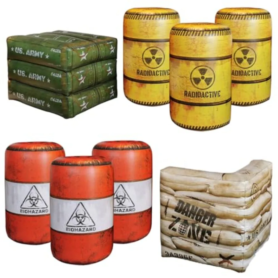 

Набор из 8 надувных фигурок для лазертага и водных игр: 6 солдатиков, 1 мешок с песком, 1 армейская коробка для декораций