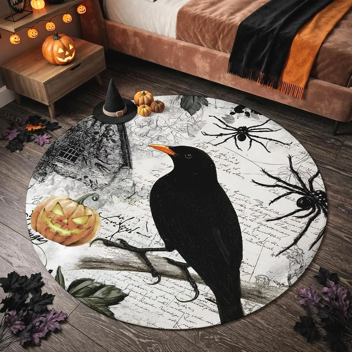 Halloween Round Area Rug 3ft Black Crow Pumpkin Floor Carpets Indoor Floor Area Mat Stain-Proof Mat Circle Rugs for Living Room Dining Room Kitchen Bedroom, Vintage Haunted House Sofa Throw Carpet