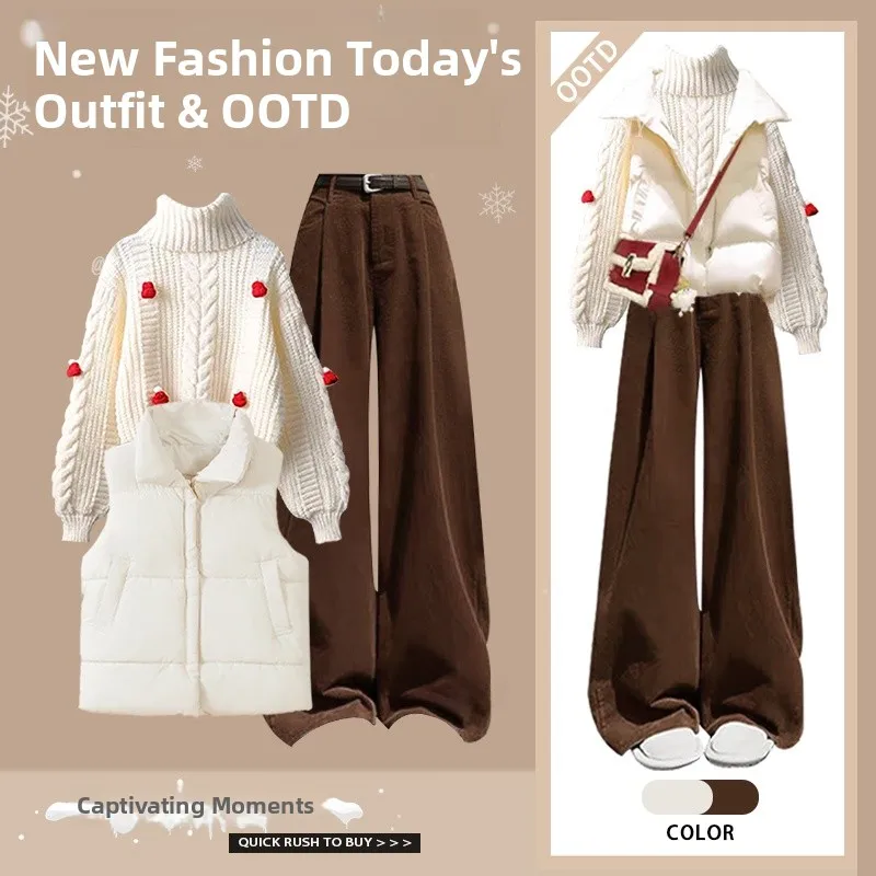 

Winter Faion Tee-Piece Set Women's Knitted Sweater Casual Pants Inner Wear Slimming Vest New Year Sle Polyester Fiber
