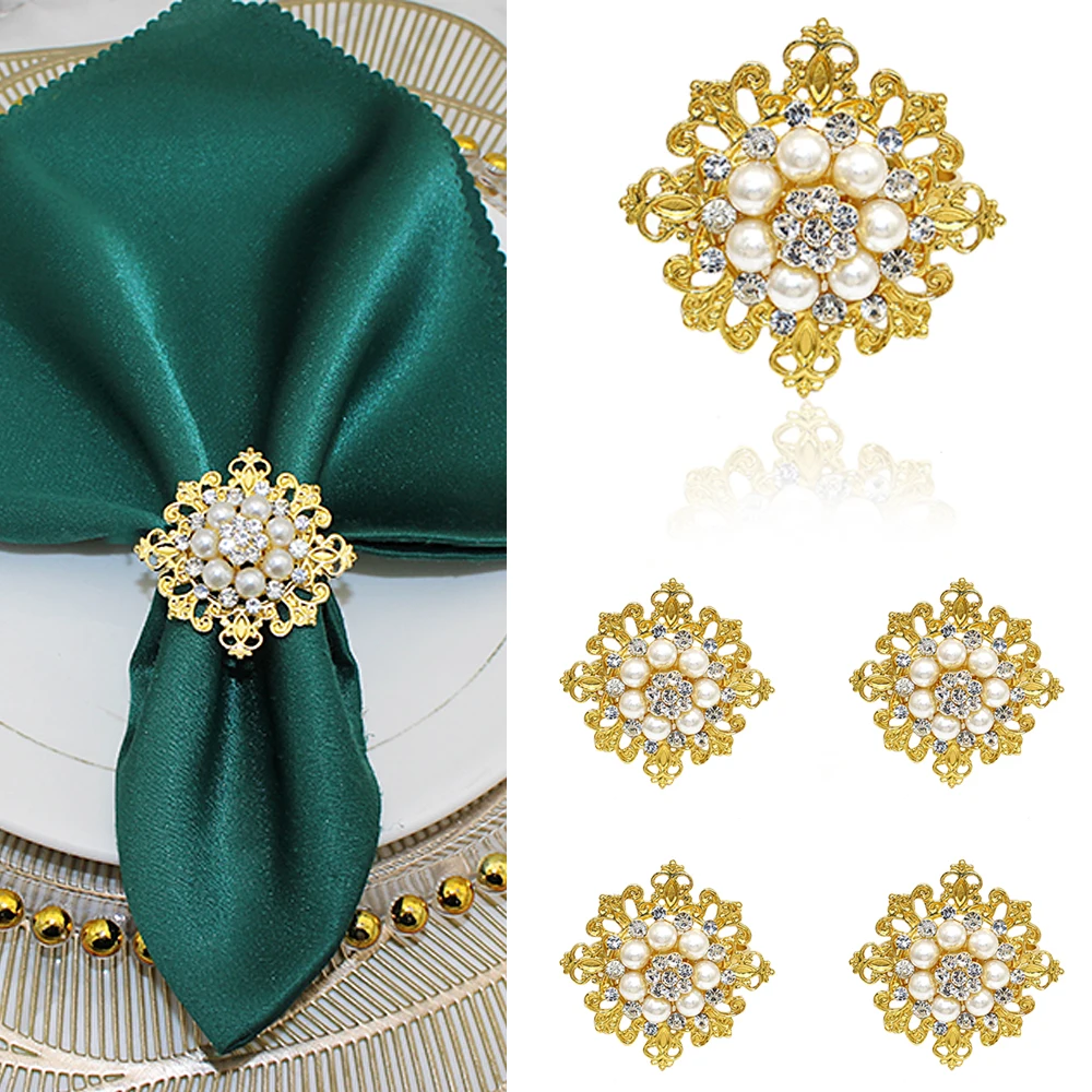 6Pcs Iris Napkin Rings Gold Pearl Flower Napkin Holder Buckles for Bridal Anniversary Wedding ChristmasTable Decor HB212