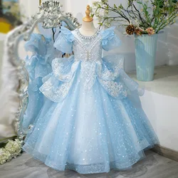 Cinderella Blue Flower Girl Dresses Luxury Pearls Little Girls Birthday Gowns Tiered Lace Appliques Children Photography Gowns