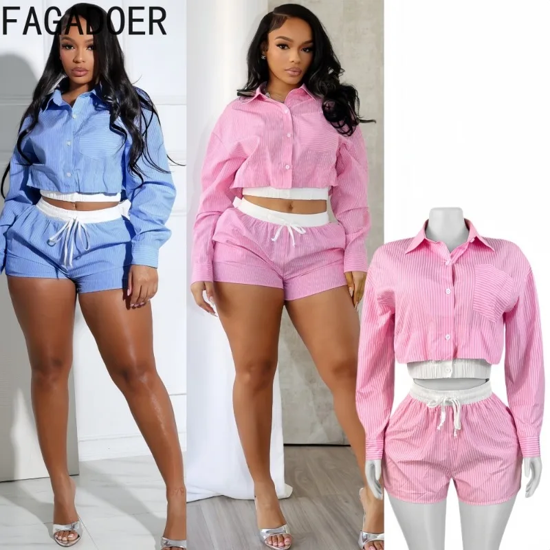 

FAGADOER Casual Striped Print 2 Pieces Set for Woman Long Sleeves Crop Top and Shorts Matching Outfits Female Streetwear New
