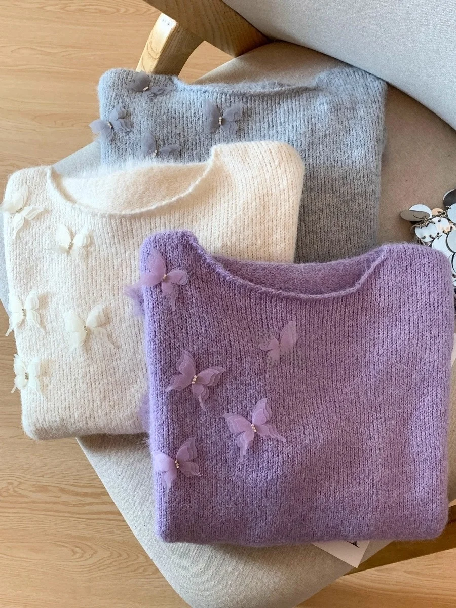 Sweet Soft  Embroidery round Neck Knitted Sweater Women's Autumn Winter Fluffy Soft Bell Sleeve Comfortable Knitwear view 5