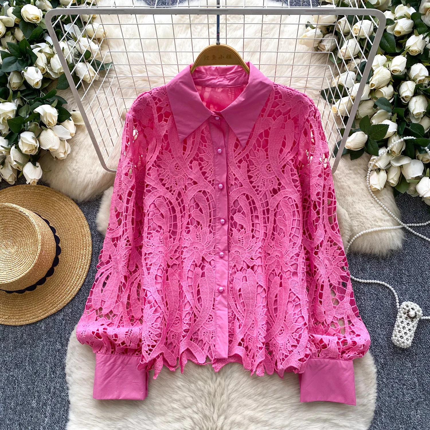 

Модная женская ажурная кружевная блузка, осенняя рубашка на пуговицах с длинным рукавом