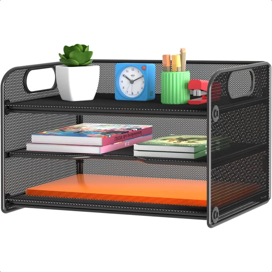 

3 Tier Letter Tray Paper Organizer with Handle Mesh Desk Organizer Paper Sorter File Rack Shelves Black