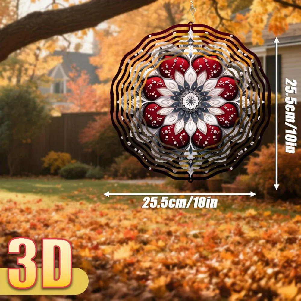 3D Red&White Mandala Flower 360° Rotating Wind Spinner 25.5cm Garden Hook Decor