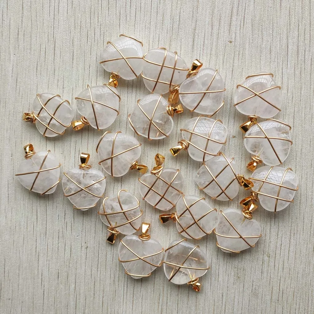 Natural Stone New Fashion gold Color copper Wire Wrap heart pendants 20mm for jewelry making 12pcs/lot Wholesale free shipping