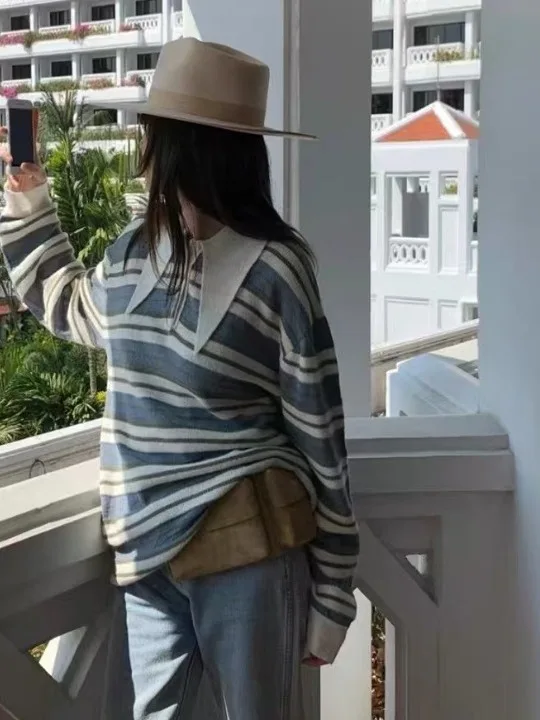 Faionable Maglione lavorato a maglia da donna Colletto arp Striscia sopra la testa Sciolto Versatile Casual Inverno Faion Chic Design Sense