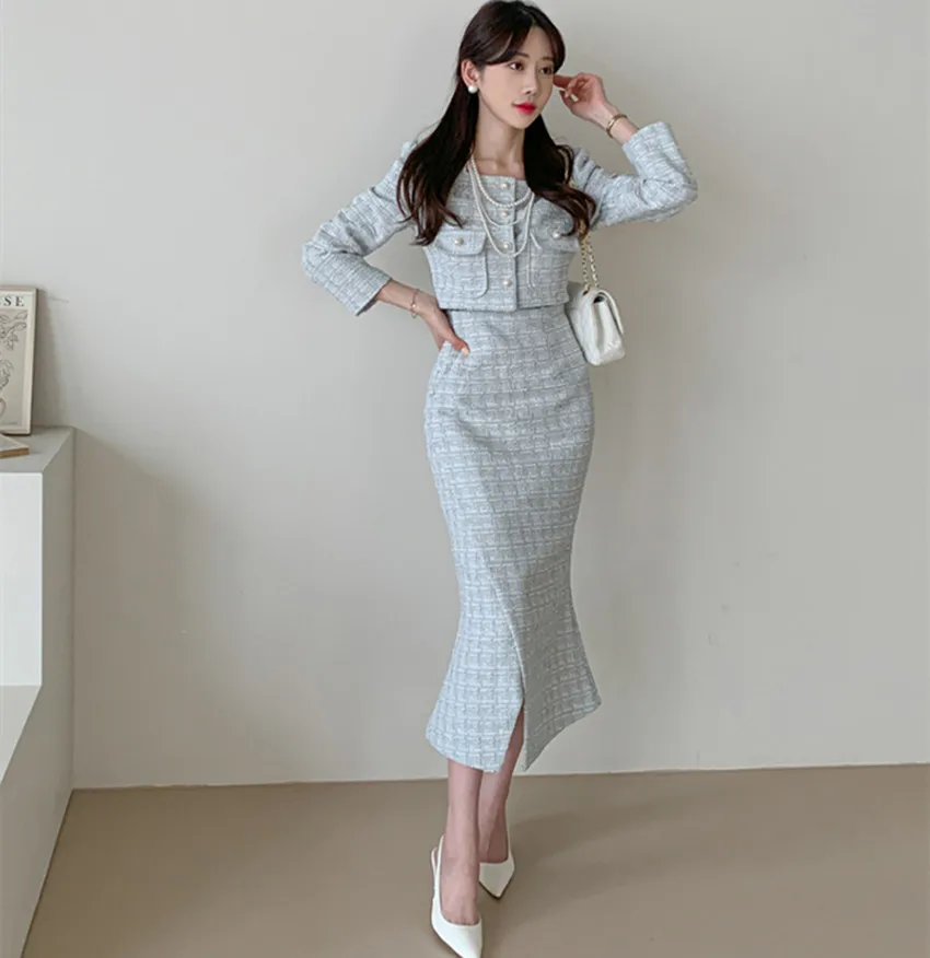 Women Blue White Plaid Tweed Two Piece Set New Fall Winter Square Collar Pearl Button Short Coat + Split Long Mermaid Skirt Suit