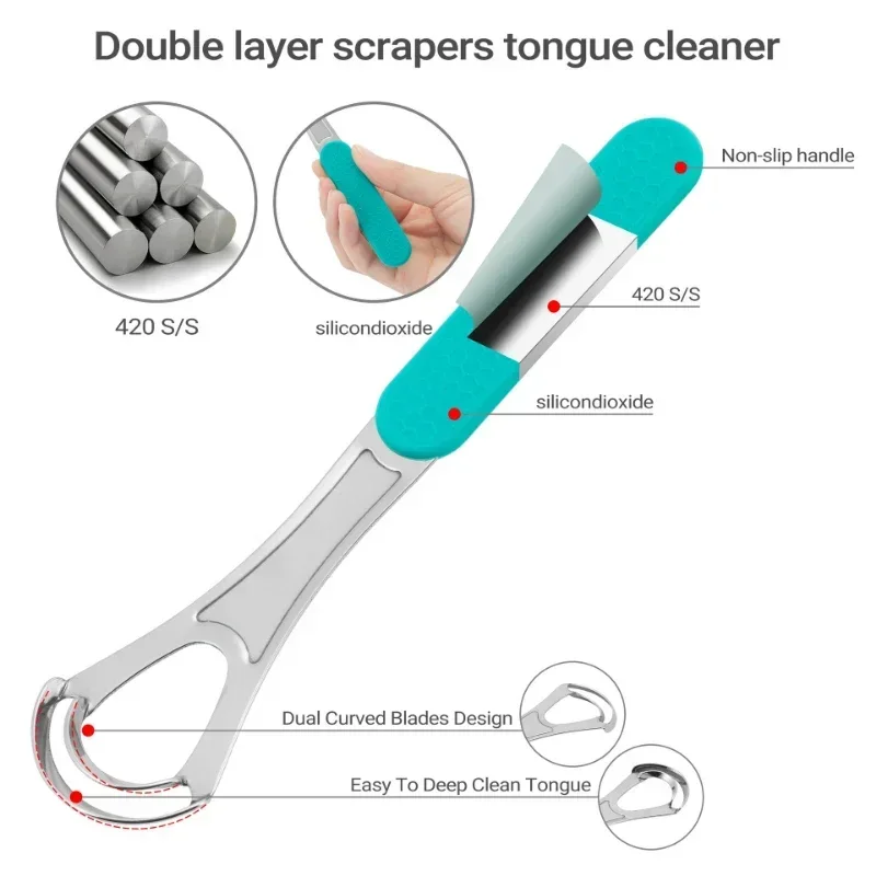 420Stainless Steel Double Layer Tongue Scrapers Mouth Cleaner Silicone Handle with Box Packing Dental Oral Care Cleaning Brush