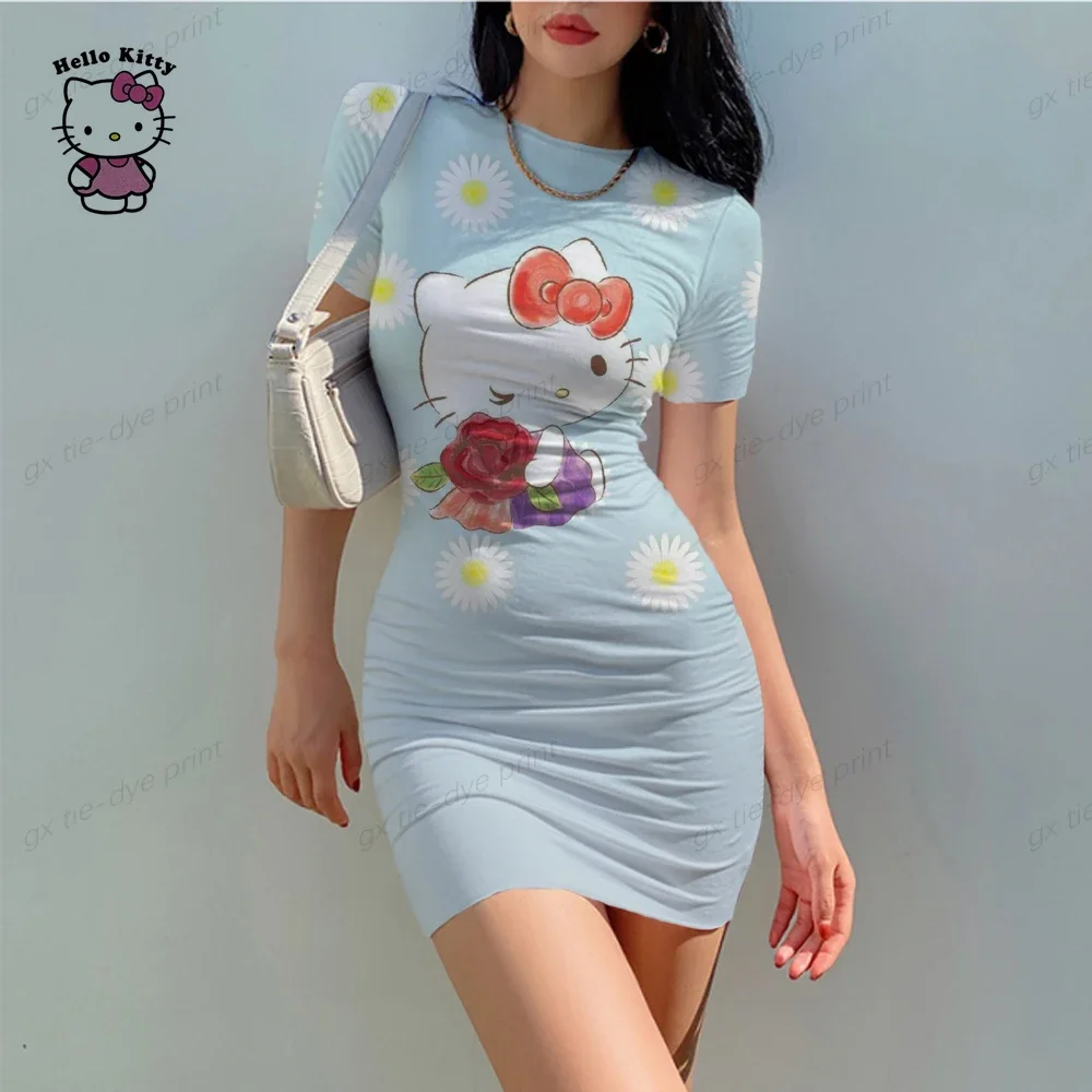 Hello Kitty-Mini vestido bodycon 3D feminino, manga curta, gola em O, sexy ladies, night club wear, vestidos finos, rosa, fashion