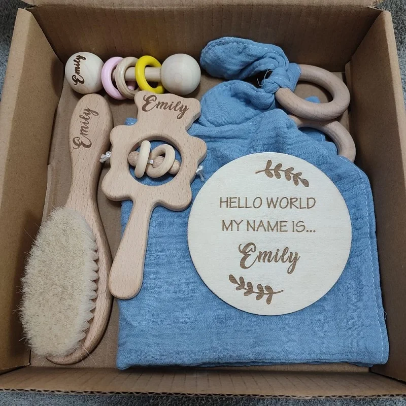 Baby Brush Natural Wood Teether Rattle Set, Custom Baby Toy Personalized Baby Gift Box, Wooden Rattle Newborn Gift