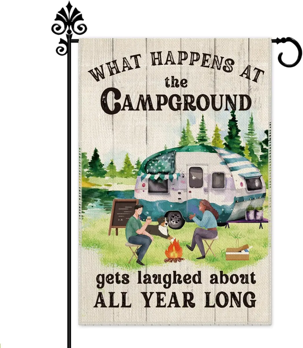 Hafhue What Happens at Campground Get Laughed Garden Flag, 12 x 18 Inch Holiday Yard Outdoor Farmhouse Lawn Decoration Flag, RV