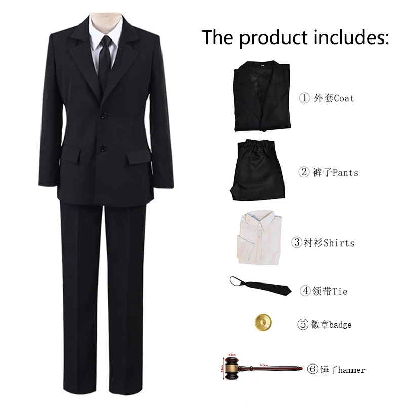

Anime Hiromi Higuruma Cosplay Costume Badge Law hammer Top Student Black Uniform Black Short Hair Halloween Party Women Men