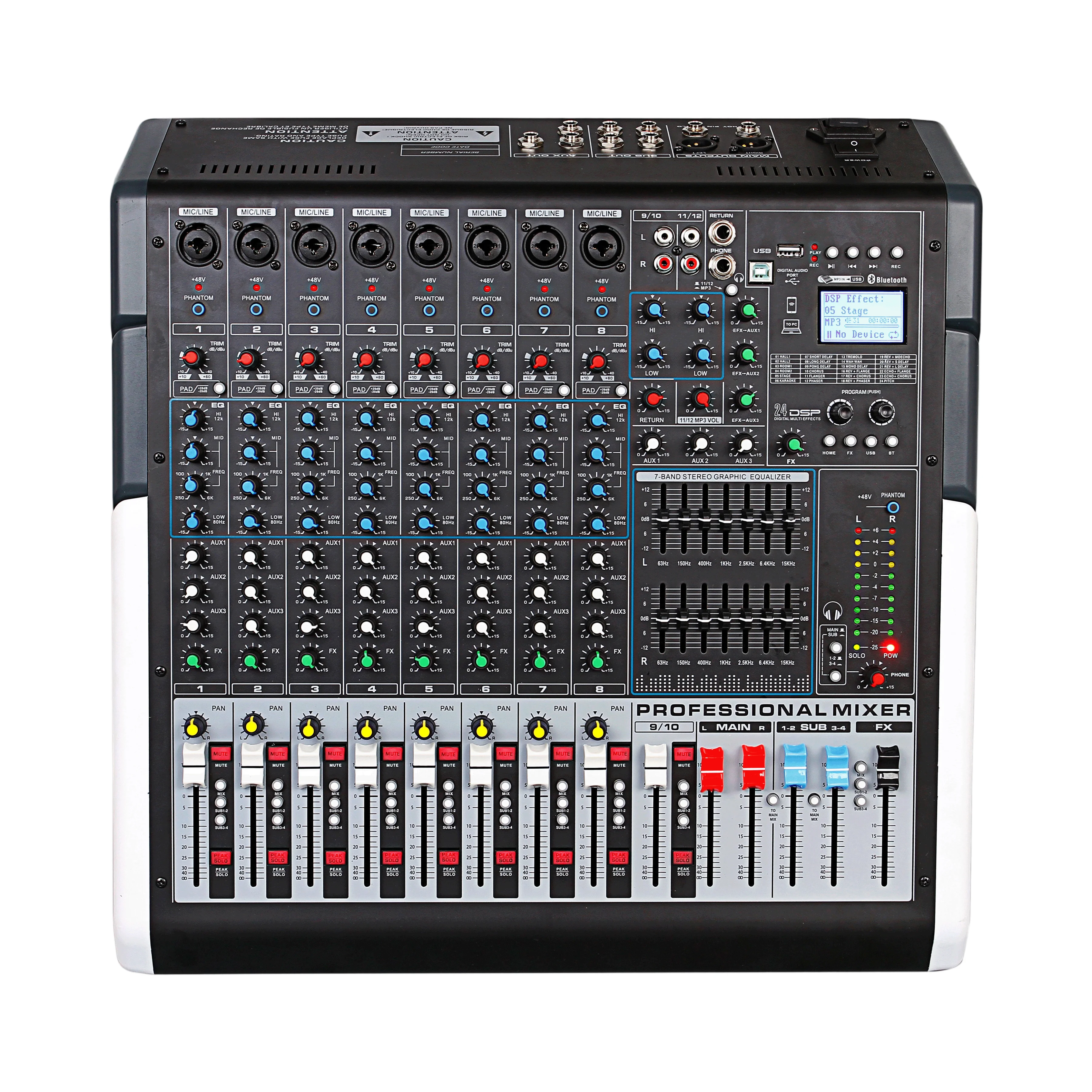 Professional 8/12/20-Channel Stage DJ Audio Mixer BT Enabled Metal Construction with 24 DSP Double 7-Segment Equalizer