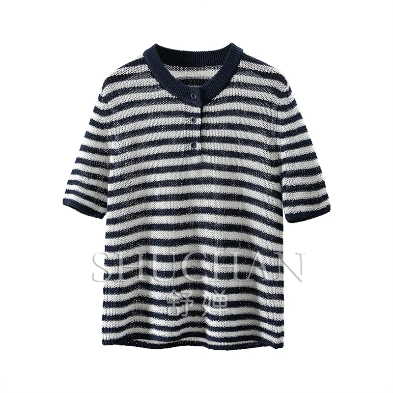 

Striped Medium Sleeve Knitted Sweater Women 77A2 Sueters De Mujer Pullover Women summer 2025