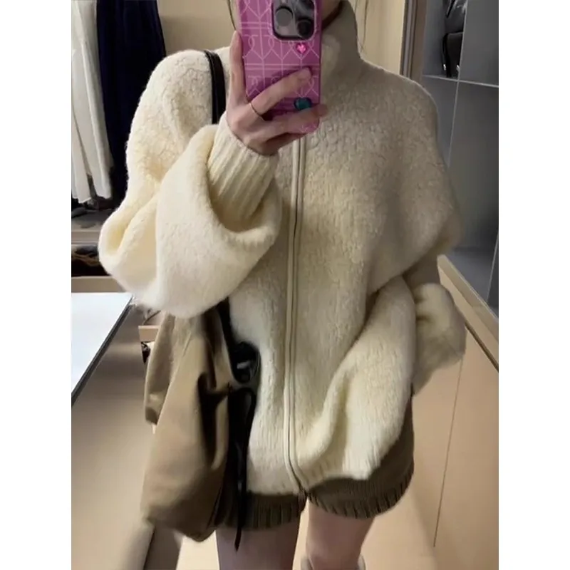 السيدات شيك فرو الضأن البلوز ملابس خارجية مزدوجة سستة الوقوف طوق فضفاض كسول Sle الشتاء الخريف حجم صغير #4