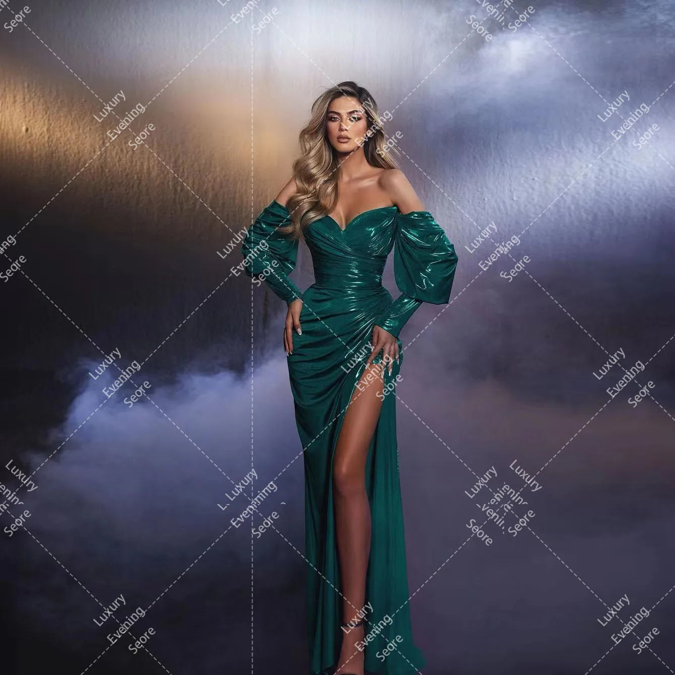 Morden Celebrity Evening Dresses Woman's Mermaid Sexy Side Split Off The Shoulder Long Sleeve Light Satin Formal Prom Gowns 2024