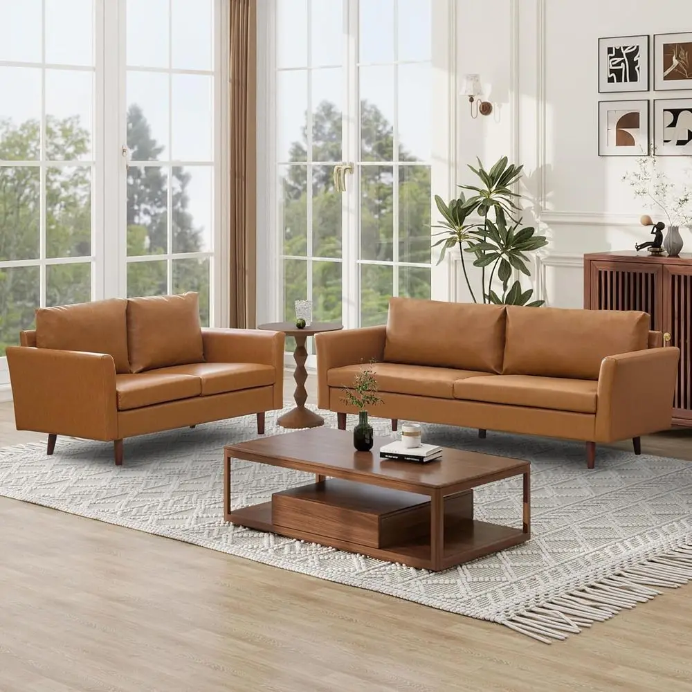 

Leather Sofa Set, 2 & 3 Seater Options, Suitable for Living Room, Bedroom, or Office, Light Brown