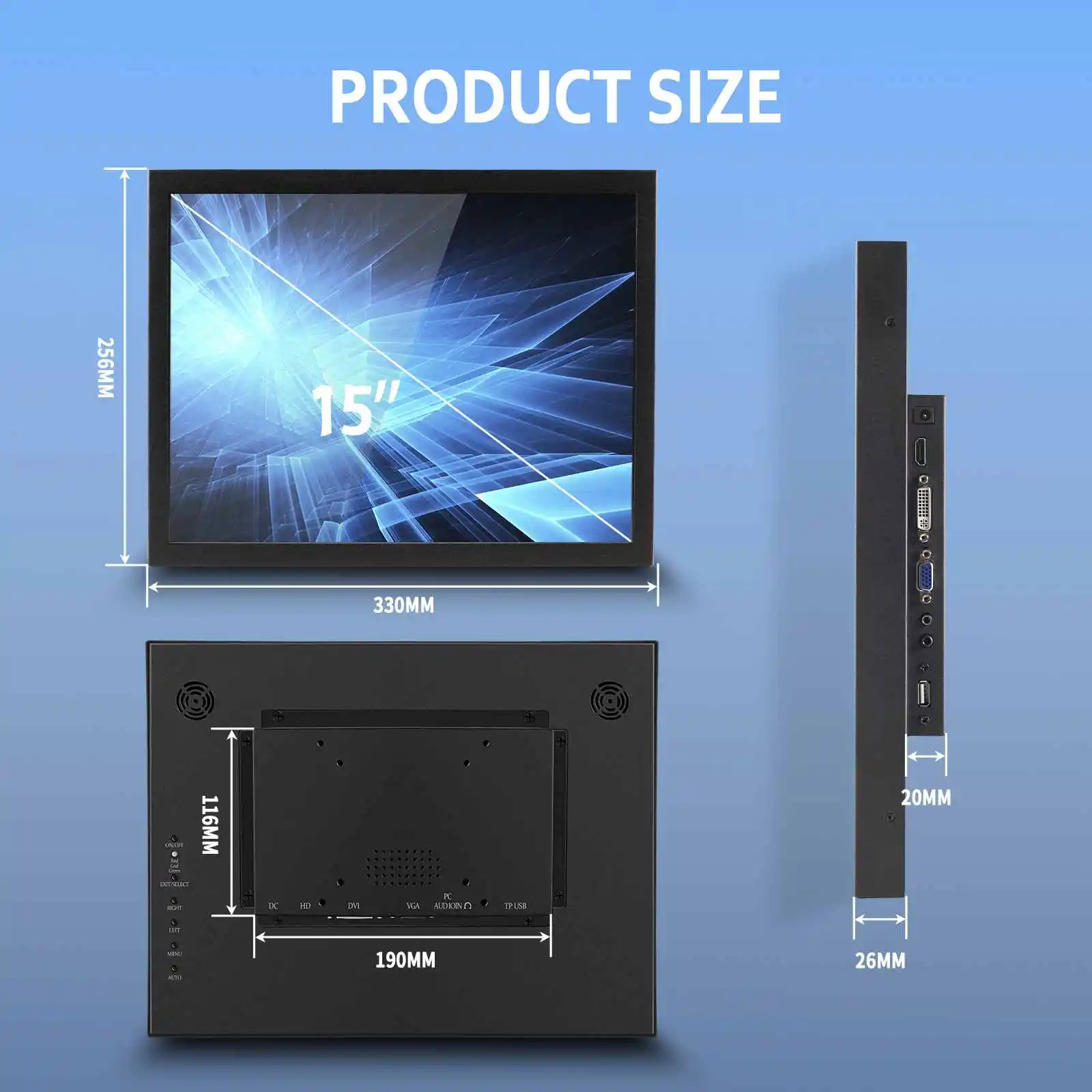 Moniteur LCD tactile résistif industriel 15 pouces, 1024x768, H, DMI, VGA, DVI, port d'entrée