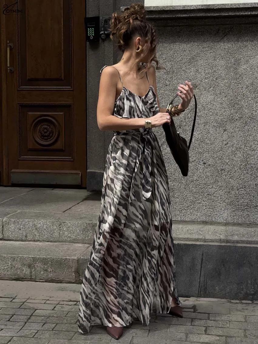 

Oymimi Autumn Grey Print Womens Dresses Elegant Spaghetti Strap Open Back Dresses Casual Lace-Up Floor-Length Dress Streetwear