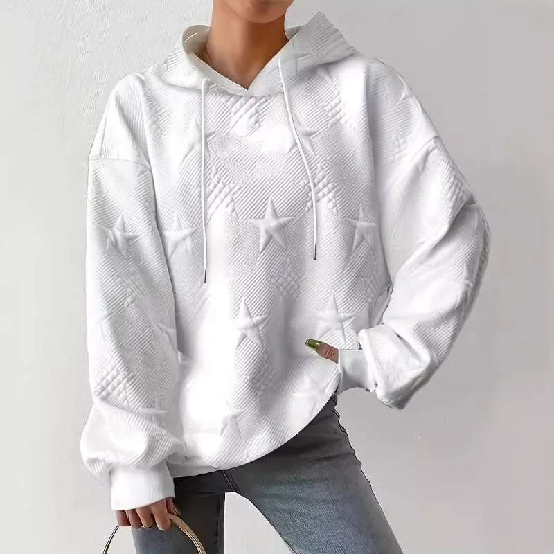 European and American Autumn and Winter Fashion Star Texture Casual Pullover Sweater White Hooded Solid Color Women's Clothing