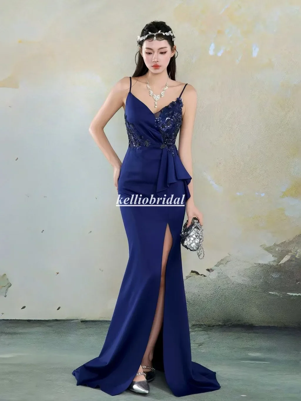 Robe de soirée bleu marine personnalisée, bretelles Spaghetti, dentelle appliquée, sirène, mode dame, robe de célébrité, MXY202510