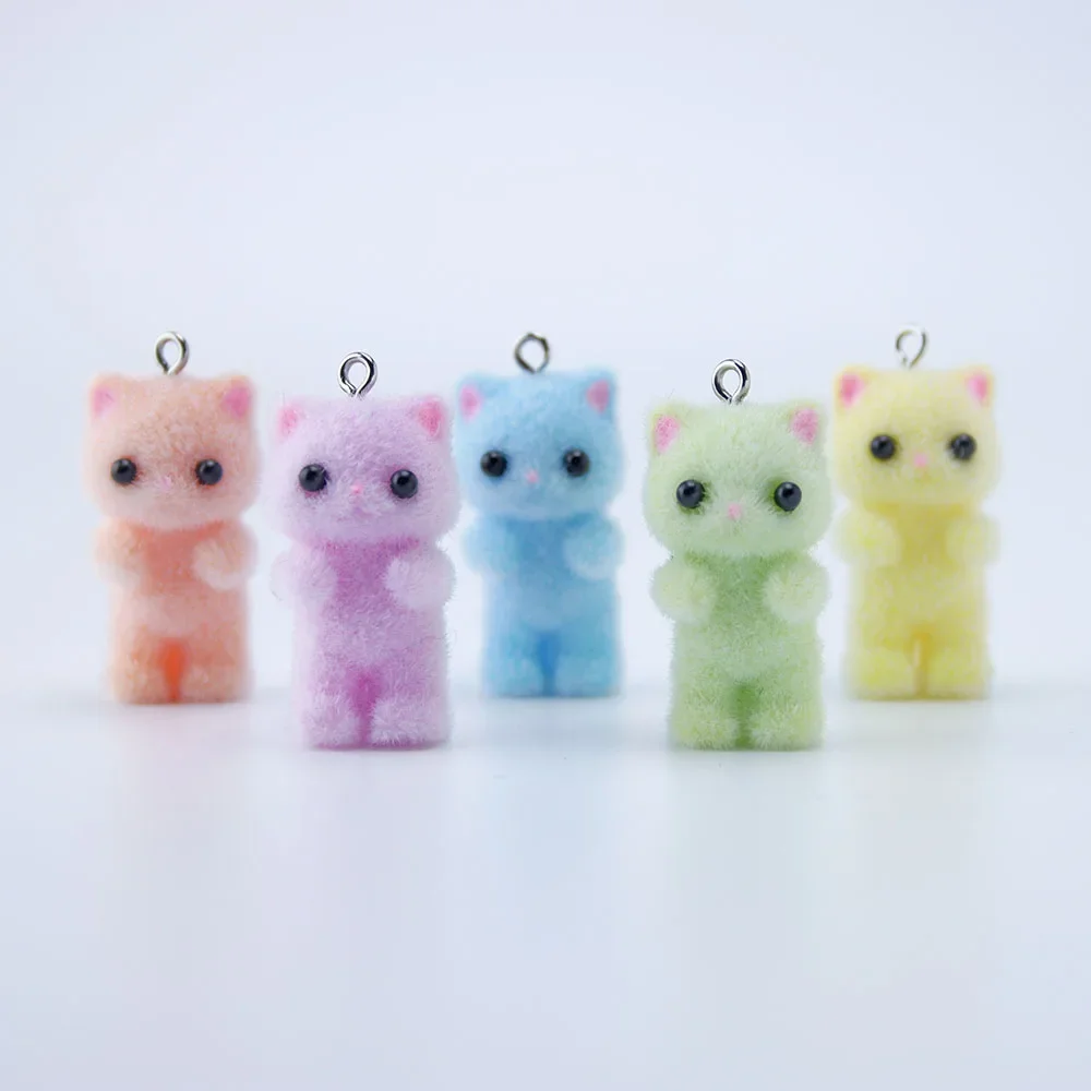 20Pcs 3D Cute Flocking Colorful Cat Charms Mini Cartoon Animal Plush Pendant For Bag Keychain Earring DIY Crafts Jewelry Make