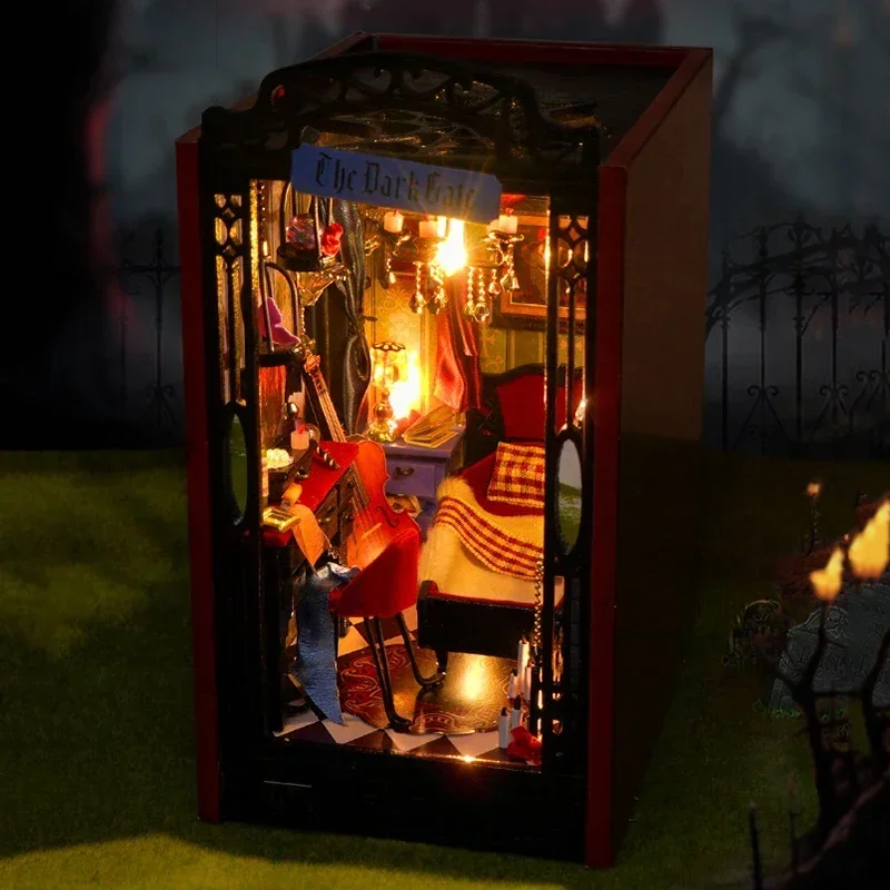 DIY Wooden Book Nook Shelf Insert Vampire Diary Miniature Model Kits Bookshelf With LED Light Bookend for Friends Birthday Gifts