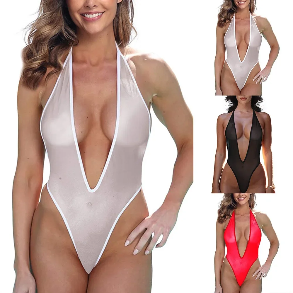 

Sexy Women Mesh Bodysuit Wet Seductive See Through Lingerie Deep V-Neck Sleepwear Backless Swimsuit Super Thin Erotic Temptation
