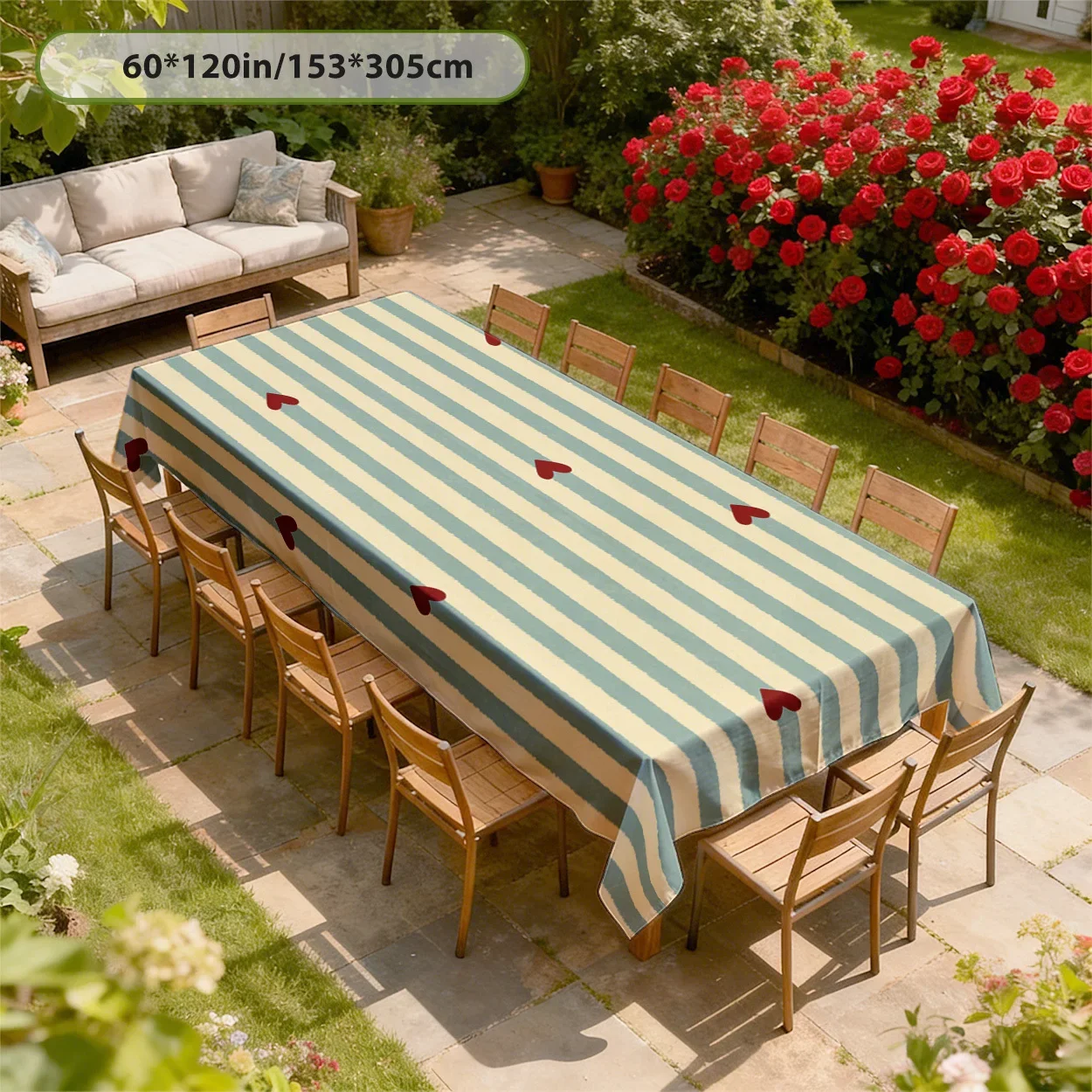 Tablecloth 2D Flat Printing - 1 piece. Red heart accents on a striped background. yzb