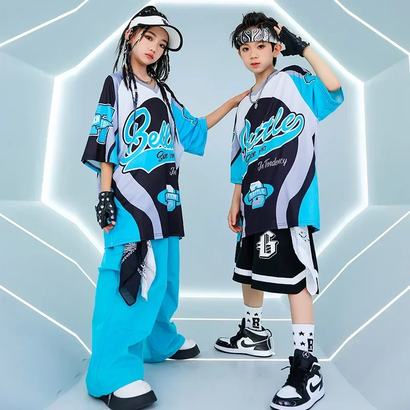 Black Shorts Boys Hip Hop Outfits Modern Jazz Dance Costume Girl Kpop Performance Wear Teens Loose Blue T-Shirt Pants