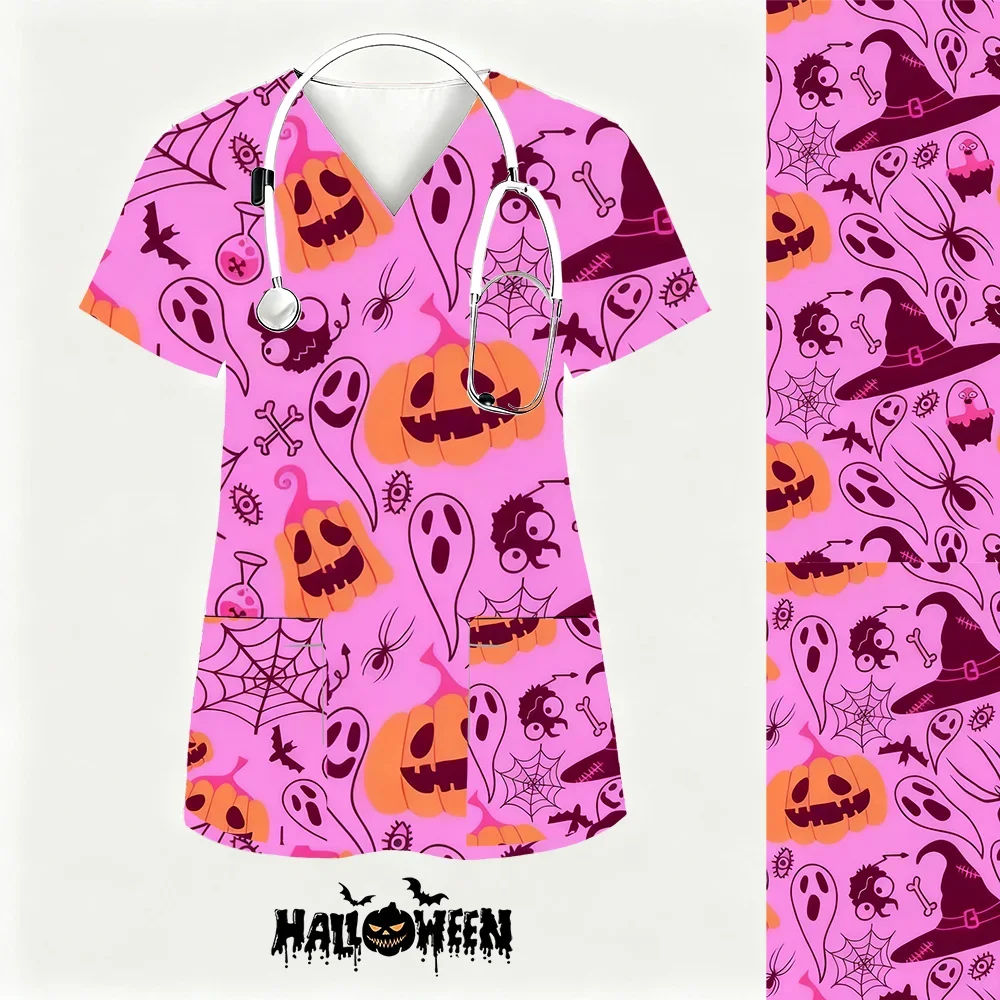 Топы-скрабы с принтом на Хэллоуин, женская рабочая блузка для домашних животных, аксессуары для медсестер, унисекс, с короткими рукавами и v-образным вырезом, униформа с принтом, рабочая униформа