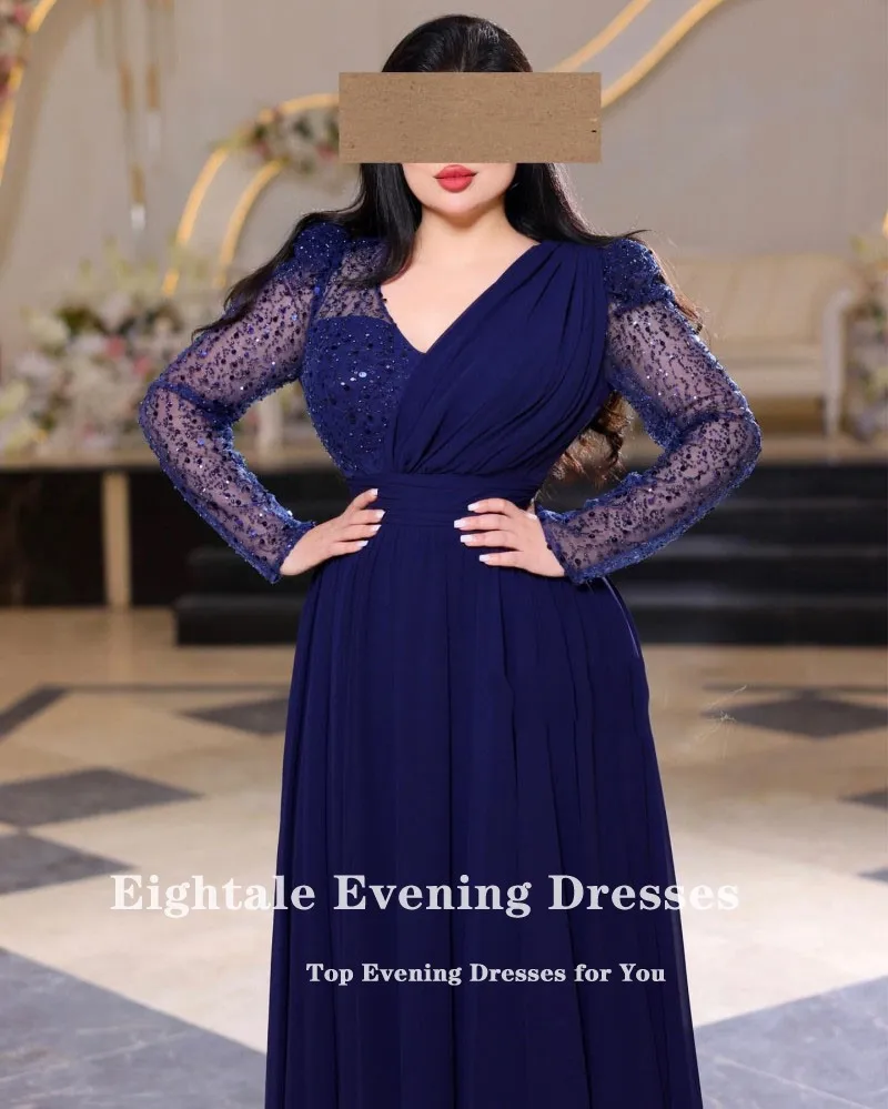 Eightale Arabic Wedding Evening Dress V-Neck Sequin Chiffon Prom Party Gowns Long Sleeves Customized Side Slit Robes de soirée