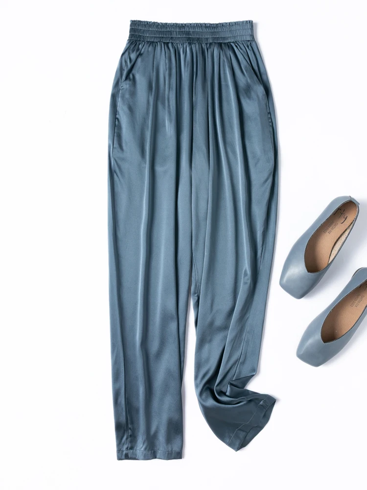 2025 Women's Casual Summer New 93% Natural Mulberry Silk Elastic Satin Grey Blue Elastic Waist Double Pocket Haren Pants