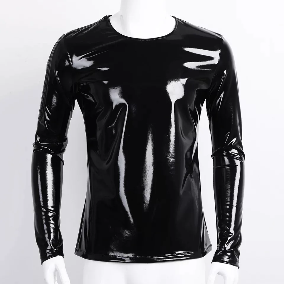 Mens Glossy PVC Leather T Shirt Long Sleeve Slim Fit Wet Look Patent Leather Tees Sexy Casual Party Nightclub Muscle Tshirt Male