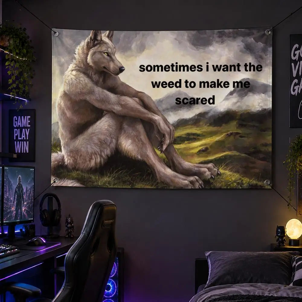 Art E-Emo Sitting Werewolf Flags Room Dorm Camping Party Hogar Garage Living Room Bed Wall Decor Banner Gift