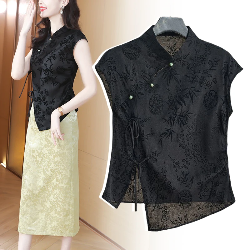 Women Chinese Style Improved Cheongsam Tops Temperament Jacquard Short Sleeve Qipao Tops Summer Retro Thin Shirts