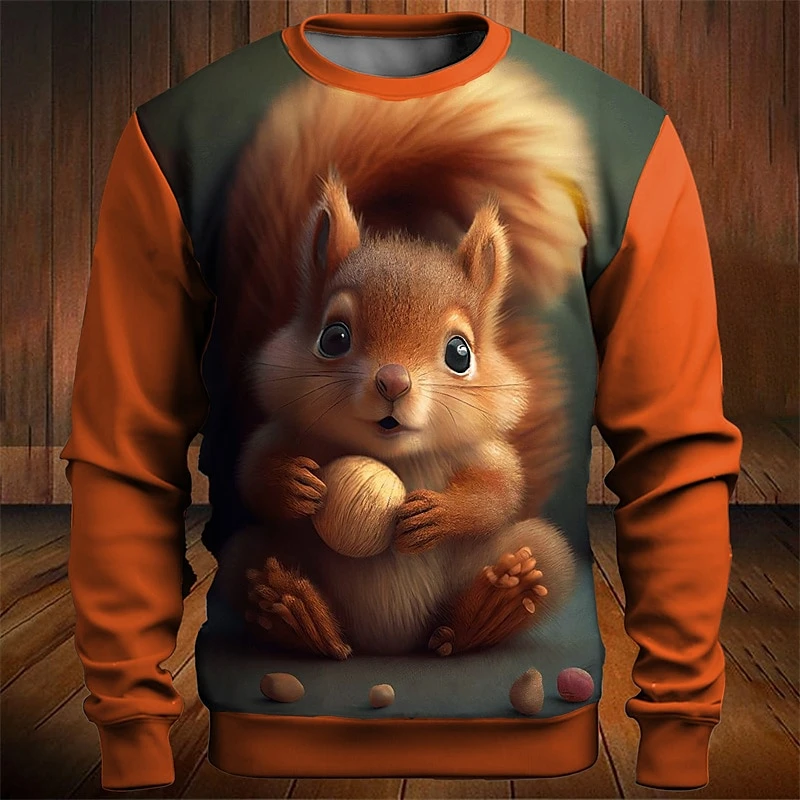 Cute Squirrel pattern 3D Printed Men's T-shirt Fashion Long Sleeve Hoodie Casual O-Neck Loose Mens Top Autumn Christmas Clothing