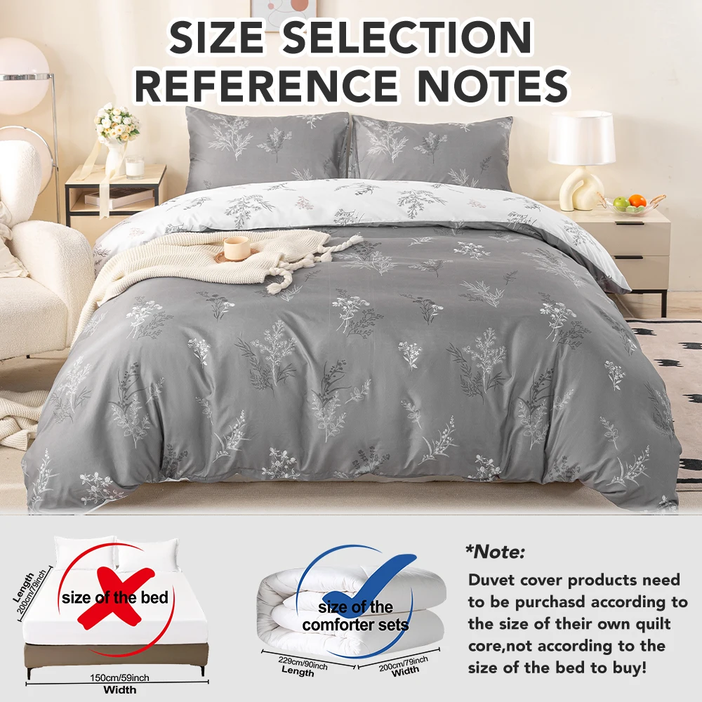 3pcs Fashion Reversible Grey Wild Botanical Sprig Printed Duvet Cover Set, Soft And Breathable,Neutral Minimalist Aesthetic