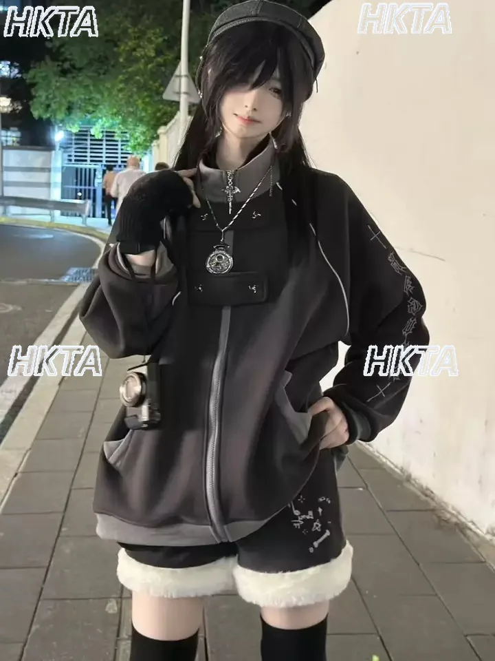 Sudadera gris oscuro con cuello levantado para mujer, chaqueta japonesa holgada Y2K Harajuku, abrigo con capucha, nueva ropa de otoño e invierno