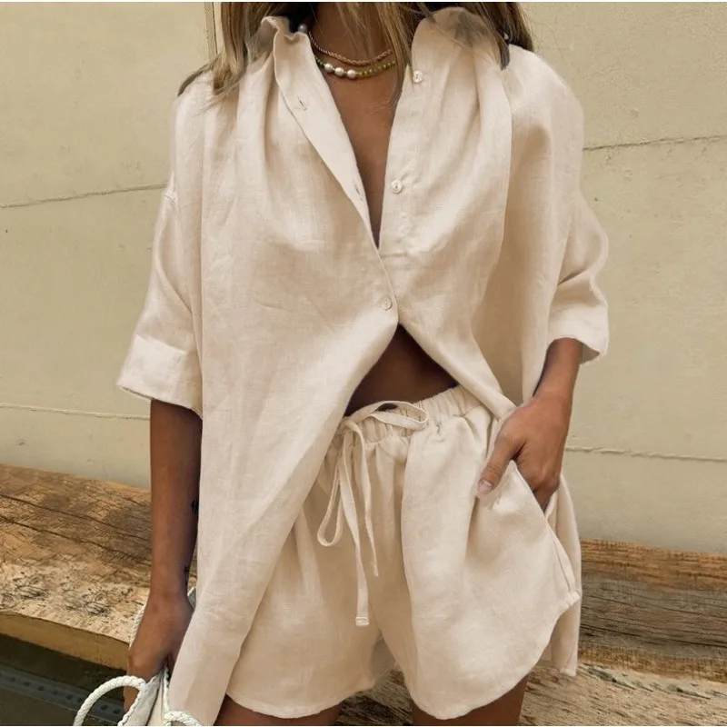 Pajamas Sets Two Pieces Loungewear Women Solid Single-breasted Short-sleeved Shirt Shorts Loose Fashion Casual Suit Pijama Mujer