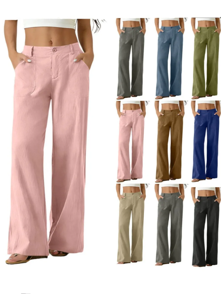 Women Formal Solid Color Suit Trousers Back Elastic Waist with Pockets Casual Comfortable Trousers Office Commuting Daily Outfit