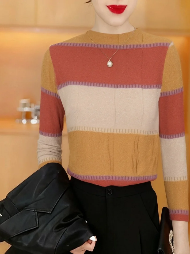 

Elegant Long Sleeve Fleece Lined Knitwear round Neck Base Shirt for Middle Aged Women plus Size Slimming Top Mommy Style